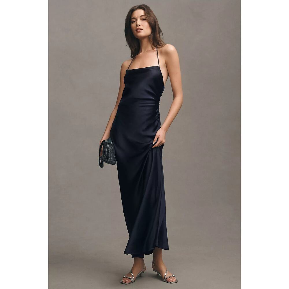 New Anthropologie BHLDN Saylor Cowl-Neck Satin Halter Maxi Dress $220 XS Navy